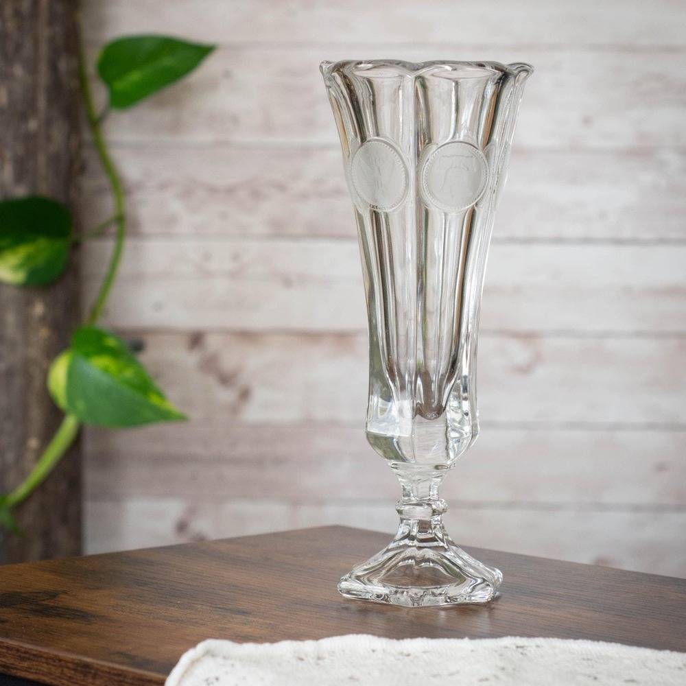 Glows! Vintage Fostoria Clear Coin Glass Bud Vase: Torch, Eagle, Bell